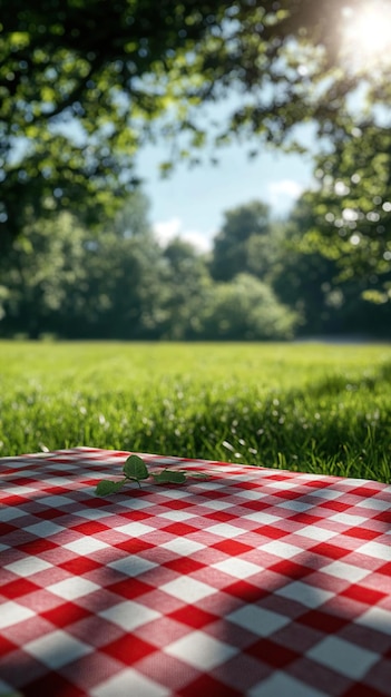 Photo a red and white checkered table cloth on the grass