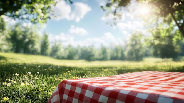 Photo a red and white checkered table cloth on the grass