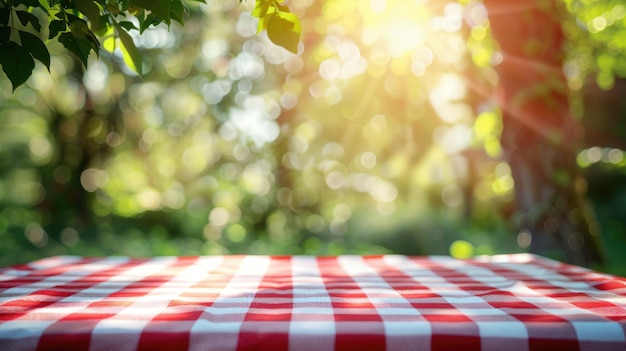 Red and white checkered tablecloth on a blurred background of a garden with trees