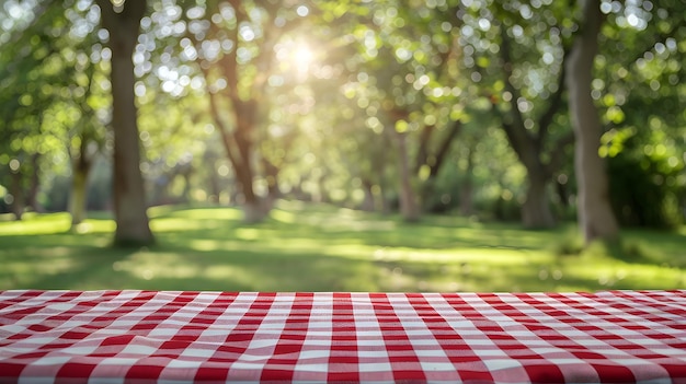 Red and white checkered tablecloth on blurred background of green park with trees in summer picnic n