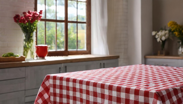 Red and white checkered tablecloth on table near window Space for design