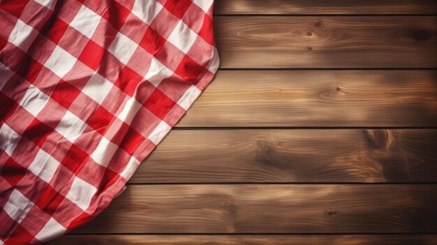 Red and white checkered tablecloth on a wooden background