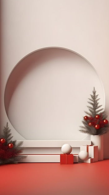 Red and White Christmas background with a Christmas tree for Product and Text