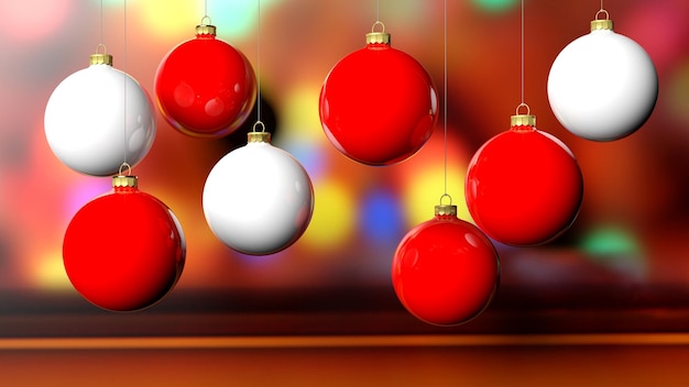 Red and white Christmas balls on festive background with bokeh