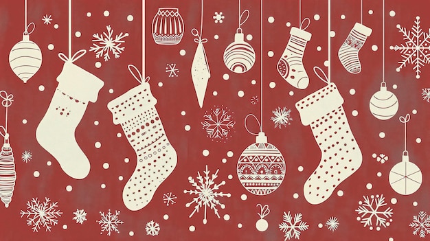 Photo red and white christmas decorations pattern festive holiday ornaments and stockings illustration