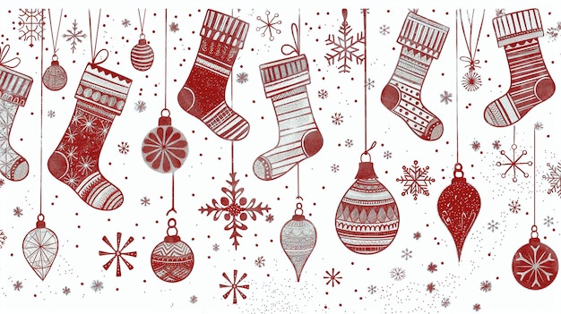 Photo red and white christmas decorations pattern festive holiday ornaments and stockings illustration