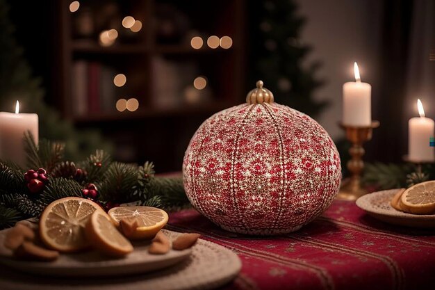 a red and white christmas ornament sits on a table next to a candle