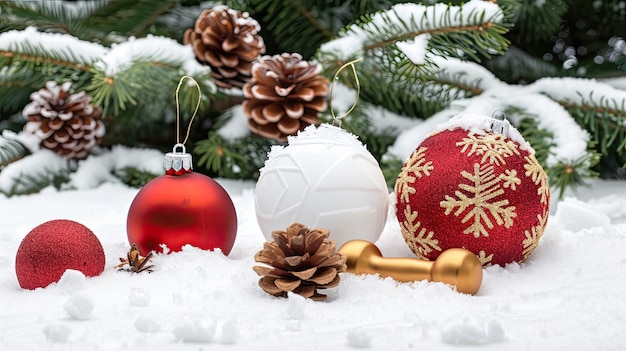 Red and white Christmas ornaments in the snow with pine cones and a gold dumbbell