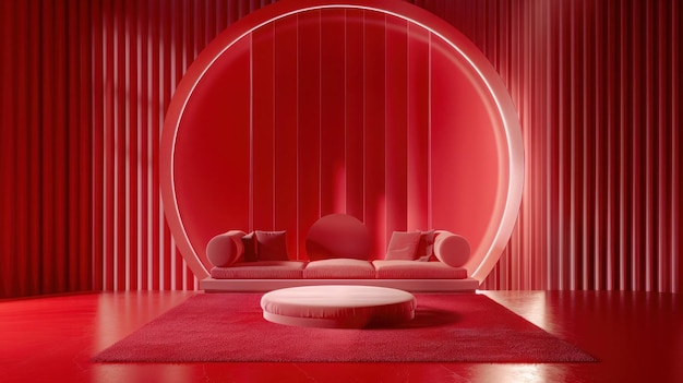 a red and white couch with a round table and a round table with two pillows on it