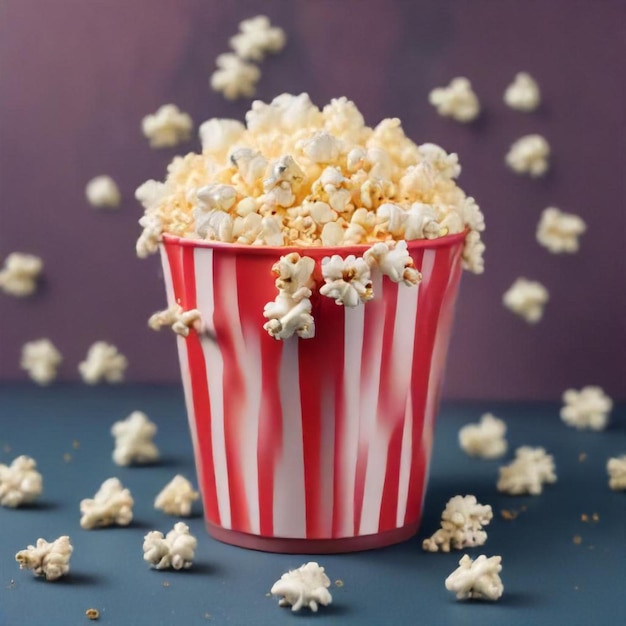 a red and white cup of popcorn that is on a blue table