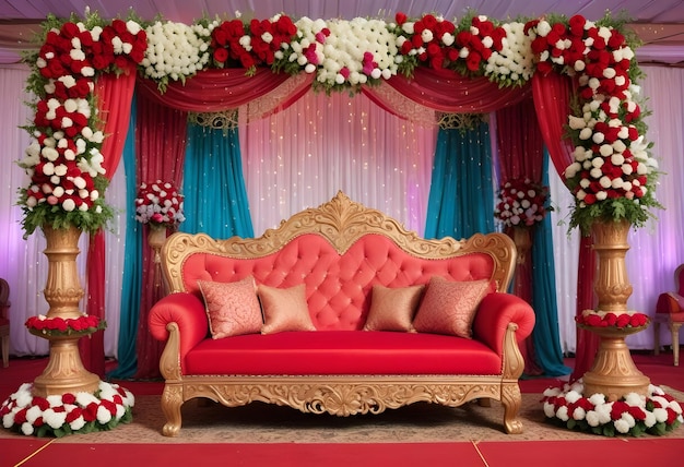 a red and white curtain with flowers and a red couch