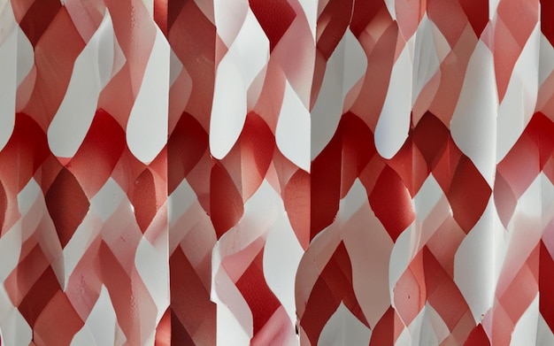 a red and white curtain with a pattern of triangles