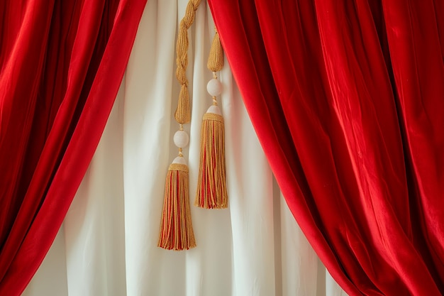 Photo red and white curtains with golden tassels