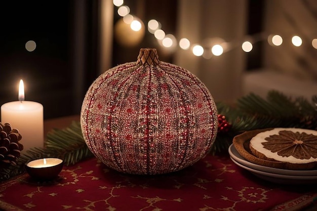 a red and white decorative pumpkin sits on a table with a christmas tree in the background