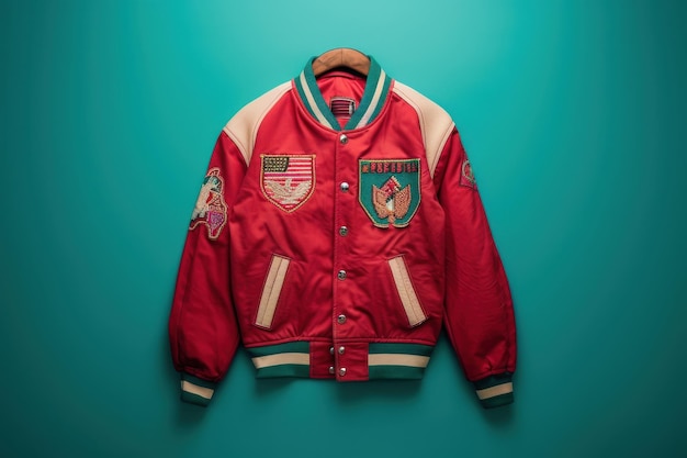 Red and White Embroidered Bomber Jacket Hanging Against a Teal Background