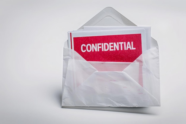 A red and white envelope with a prominent red label marked CONFIDENTIAL in bold standing out against the contrasting colors