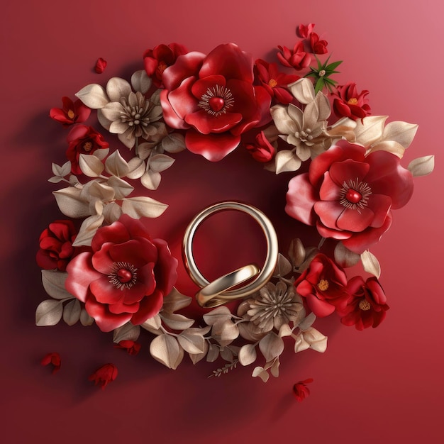 A red and white floral wreath with a gold ring on it.