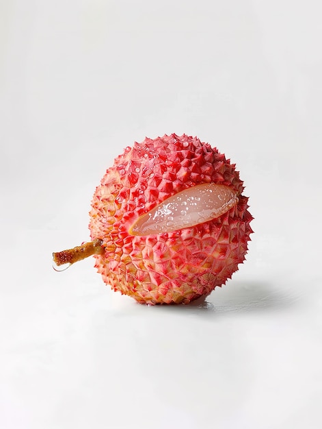 A red and white fruit with a green stem