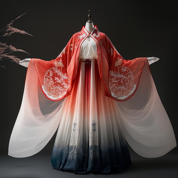 Red white and grey super beautiful chinese hanfu gradual dress generative AI