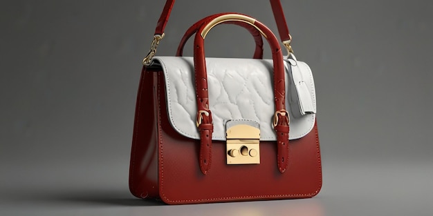 a red and white handbag with a gold tag on the front