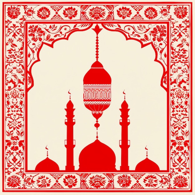 red and white islamic card design with a mosque in the background ramadan