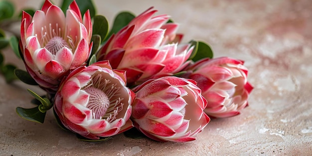 Red and white king protea flowers on a light background macro photography top view flat lay spac