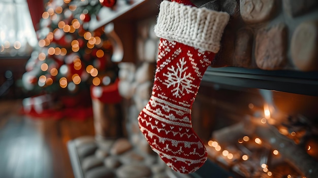 Photo red and white knitted stocking with snowflake pattern hanging on a stone fireplace with a blurred christmas tree background