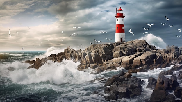 Red and white lighthouse on the rocks with strong sea wave night A professional photography should use a high quality Generative AI