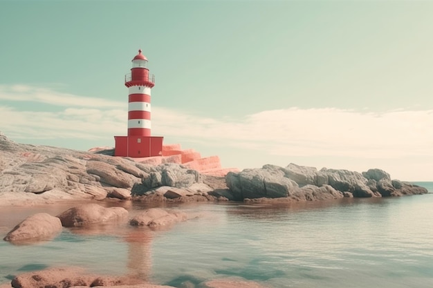 Red and white lighthouse on rocky coastline blue sky retro colors background