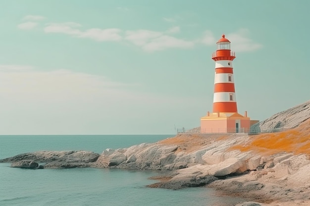 Red and white lighthouse on rocky coastline blue sky retro colors background