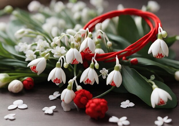 Red and white Martenitsa or Martisor bracelets Ai generated