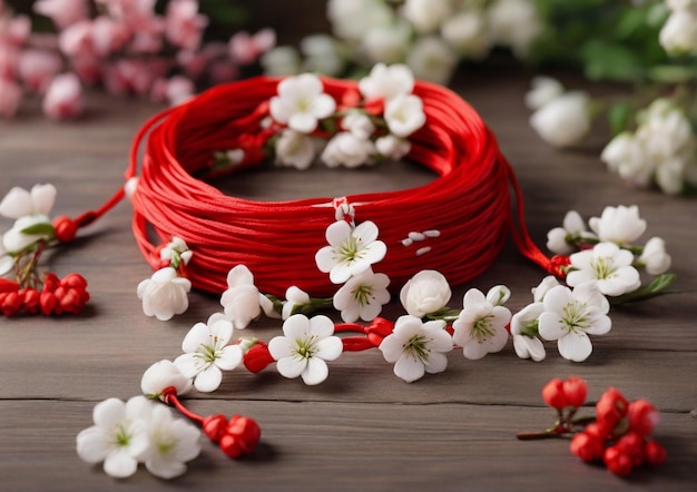 Red and white Martenitsa or Martisor bracelets Ai generated