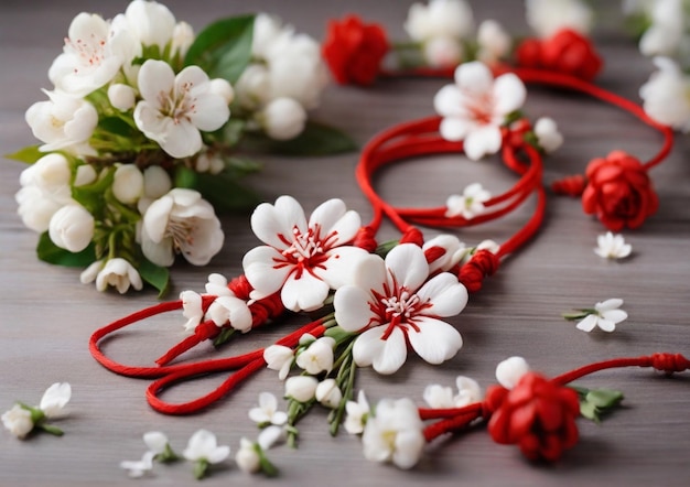 Red and white Martenitsa or Martisor bracelets Ai generated