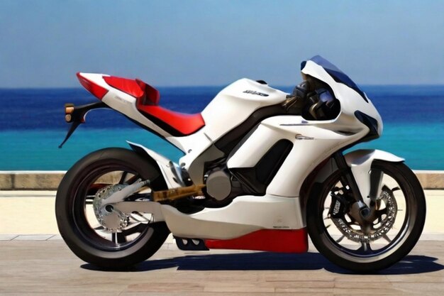 a red and white motorcycle is parked on a beach