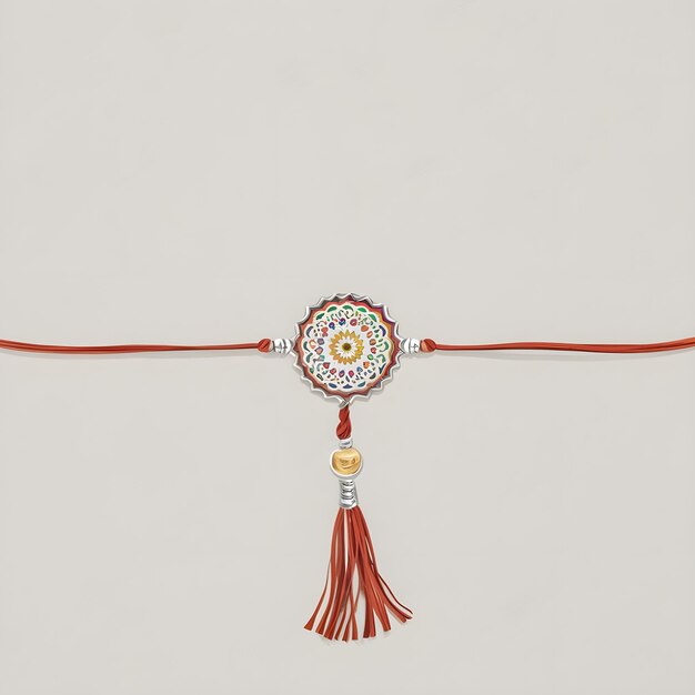 Photo a red and white necklace with a gold ring on it