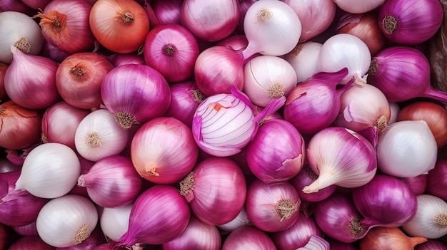 red and white onions background Top down view