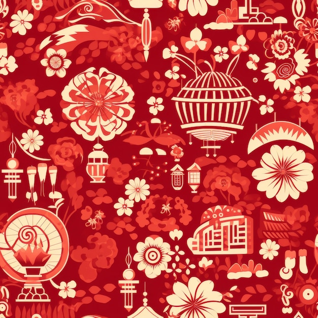 Red and White Pattern With Flowers and Birds in a Garden