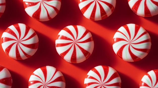 Red and white peppermint swirl candies arranged in a playful repeating pattern