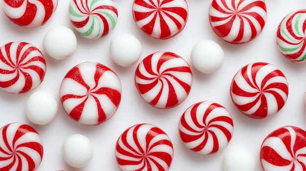 Red and white peppermint swirl candies arranged in a playful repeating pattern