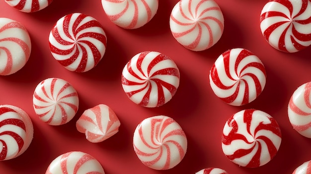 Red and white peppermint swirl candies arranged in a playful repeating pattern