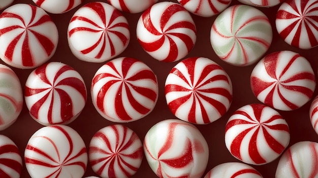 Red and white peppermint swirl candies arranged in a playful repeating pattern