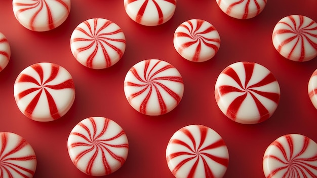 Photo red and white peppermint swirl candies arranged in a playful repeating pattern