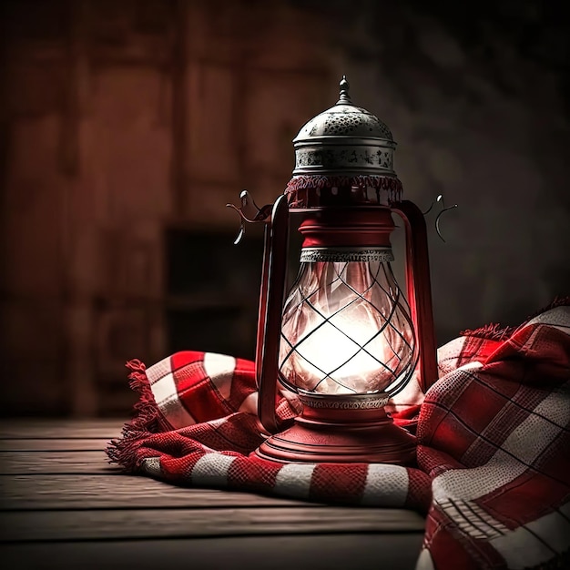 A red and white plaid scarf with a lantern on it.