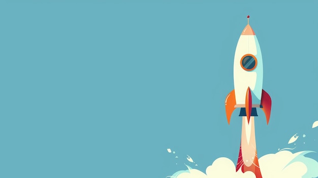 Red and white rocket launching into space with a bright yellow background Concept of startup growth