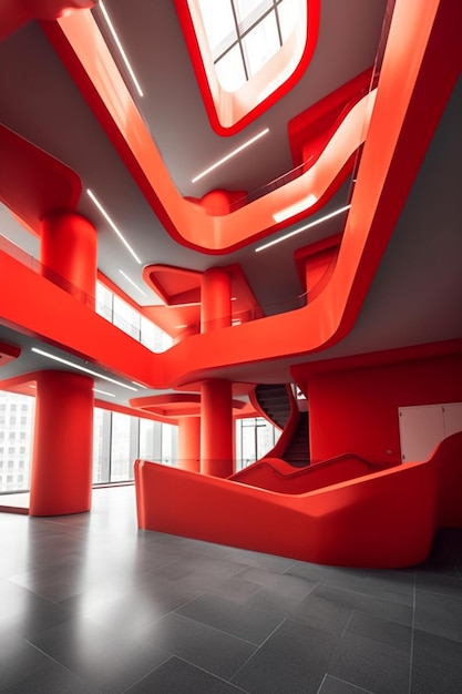 a red and white room with a red and black design on the bottom