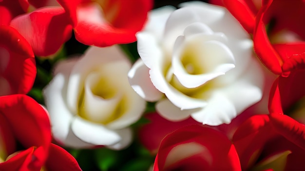 A red and white rose is in a bouquet of roses