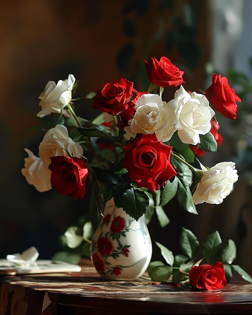 Red White Roses Vase Table Style