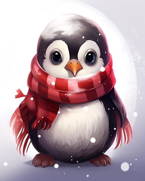 Red and White Scarf Wearing Cute Cartoon Penguin