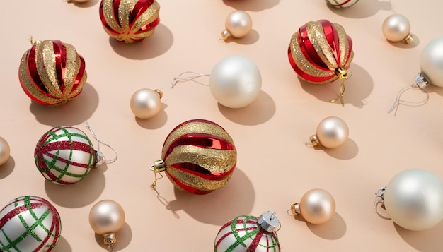 Red and white shiny christmas balls on beige pastel backgroud pattern