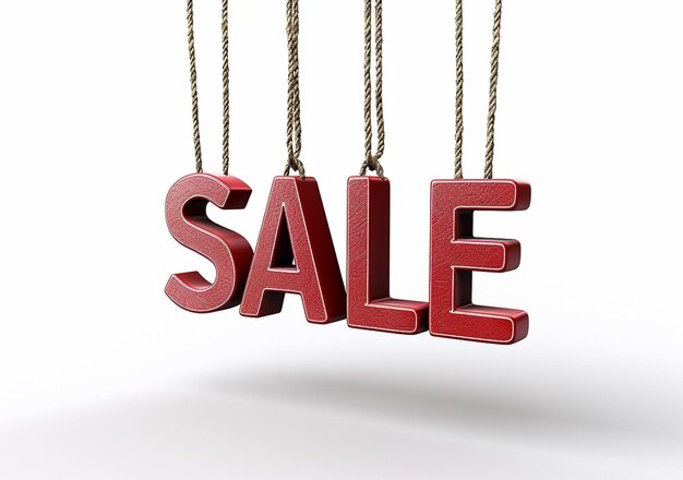 a red and white sign hanging from a rope with the word sale on it